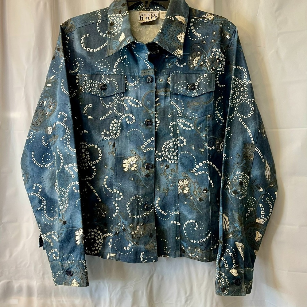 VTG 90s Keren Hart Crop Beaded Denim Floral Shirt Jacket Sz L Boho Western Glam